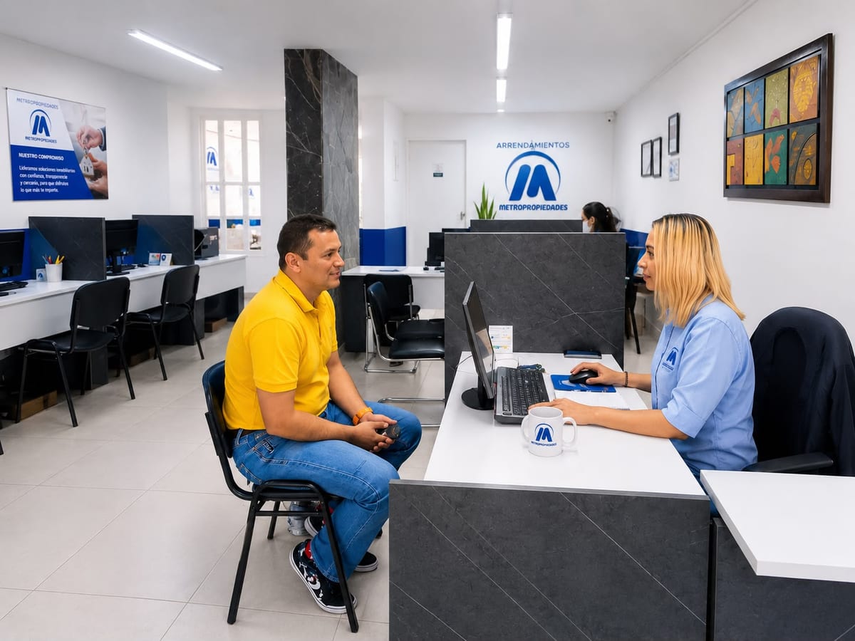 Asesora de Metropropiedades atendiendo a un cliente en la oficina