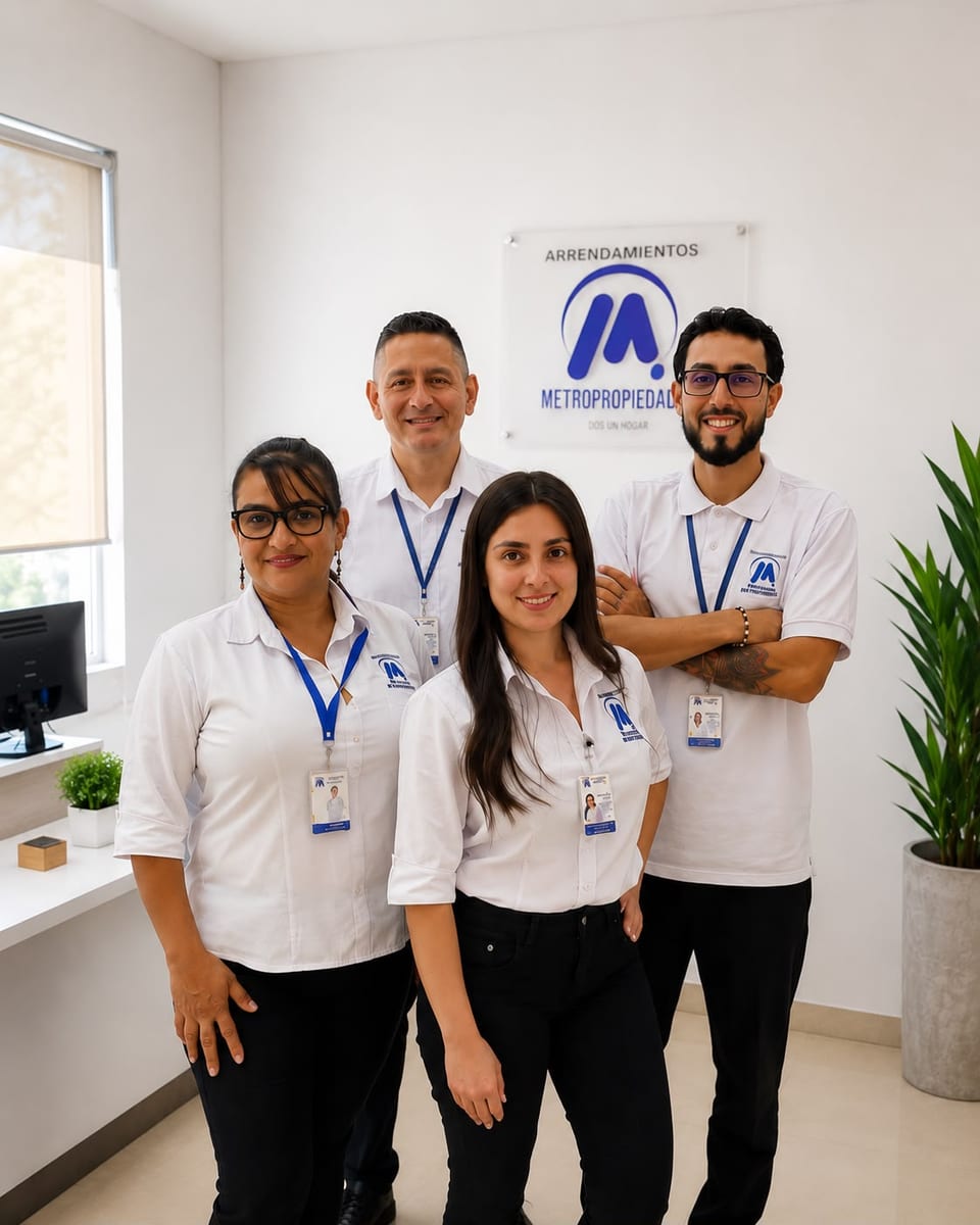 Cuatro integrantes del equipo de Metropropiedades en la recepción de la sede Bello